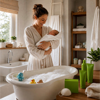 Mother with her baby is near the bath.