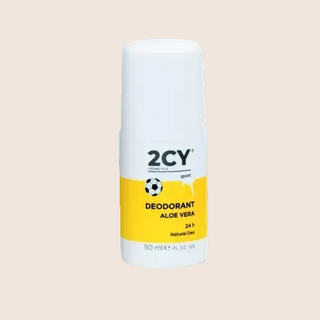 A roll-on deodorant bottle with white and yellow branding labeled '2CY COSMETICS Deodorant Aloe Vera, 50 ml'.