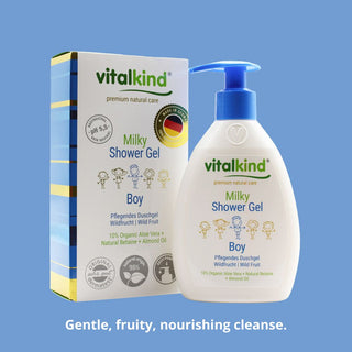 Vitalkind Milky Shower Gel for boys with packaging on a blue background