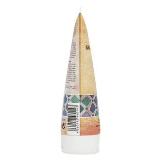 A squeeze tube of cosmetic cream, shown from the back, featuring a textured gold upper section, a colorful mosaic tile pattern band, and a white cap, on a plain white background.