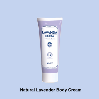Tube of Lavanda Extra natural lavender body cream on a light purple background