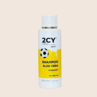 A bottle of 2CY COSMETICS Shampoo Aloe Vera, with a white and yellow design indicating it contains rosemary and is suitable for daily use, 200 ml in size.