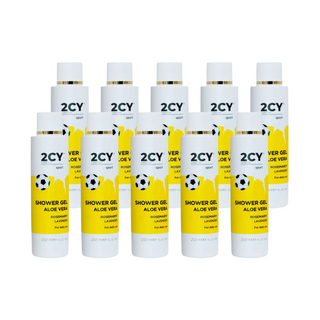 10 bottles of 2CY Shower Gel with yellow labels on a white background