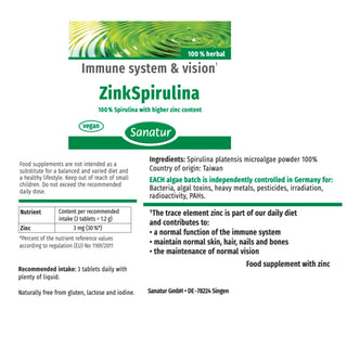 Sanatur ZinkSpirulina supplement label with green and white design