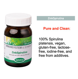 Bottle of ZinkSpirulina with text highlighting its properties on a white background