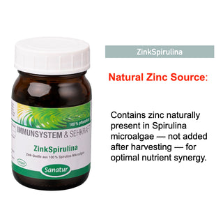 Bottle of ZinkSpirulina with text about natural zinc source on a white background