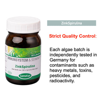 Bottle of ZinkSpirulina with text about strict quality control and testing.