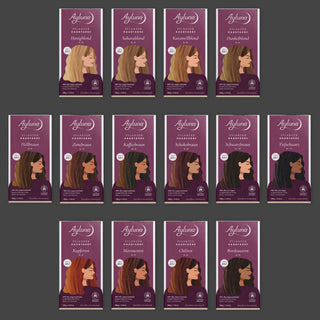 A grid of 15 Aylvuna hair color boxes arranged on a dark gray background. Each box shows a different hair shade option with a woman's profile illustration and the brand name Aylvuna.