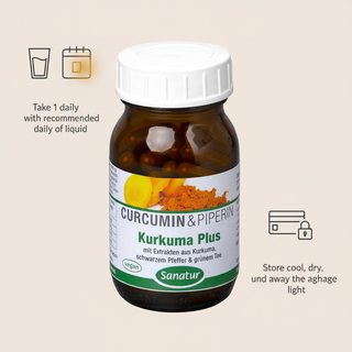 Sanatur Turmeric Plus product image with abstract water, daily routine and storage background