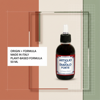 Devil's Claw Forte Liniment origin and formula visual with Made in Italy, plant-based formula and 50 ml wording