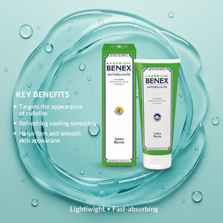 Anticellulite Natural Benex Gel 200ml key benefits: targets the appearance of cellulite, refreshing cooling sensation, and helps firm and smooth skin appearance