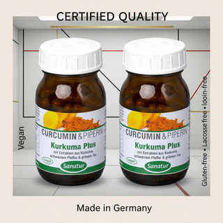 Sanatur Turmeric Plus Value Bundle with certification wording on a laboratory background without capsules tablets or powder