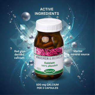 Sanatur Calcium 100 percent Vegetable with active ingredient wording on an abstract mineral background