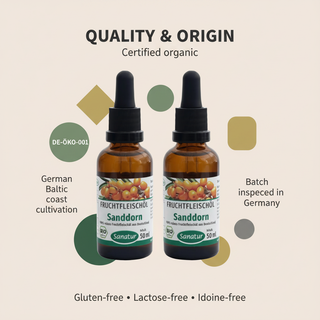 Sanatur sea buckthorn pulp oil with organic quality and origin information