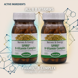 SPIRU B Vitamin Complex Set with active ingredient wording on a clean molecular background without capsules tablets or powder