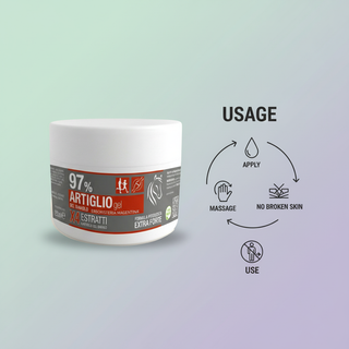 Devil's Claw Gel 97% 250ml usage guide with Apply, Massage, Use and No Broken Skin geometric pictograms