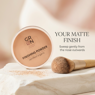 GRN Bamboo finishing powder beside a powder brush with application instructions
