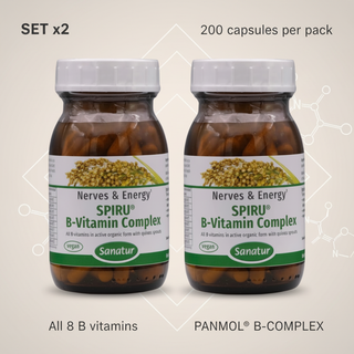 SPIRU B Vitamin Complex Set with set and B vitamin wording on a clean geometric background without capsules tablets or powder