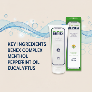Cooling Leg Natural Benex Gel 200ml key ingredients: Benex Complex, Menthol, Peppermint Oil and Eucalyptus, with abstract cooling gel graphics