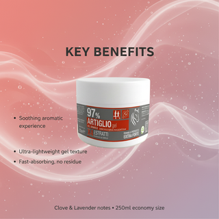 Devil's Claw Gel 97% 250ml key benefits shown with abstract gel ripples: soothing aromatic experience, ultra-lightweight texture and fast absorption