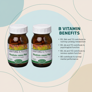 Sanatur Rhodiola Rosea Plus product with B vitamin information