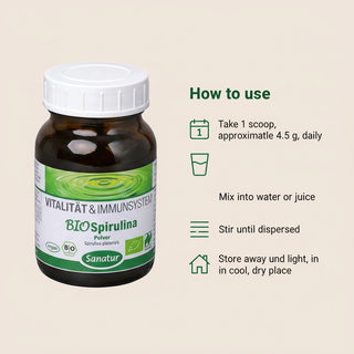 Sanatur BioSpirulina Naturland scoop, mixing and storage instructions