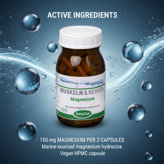 Sanatur Magnesium with active ingredient wording on an abstract mineral background