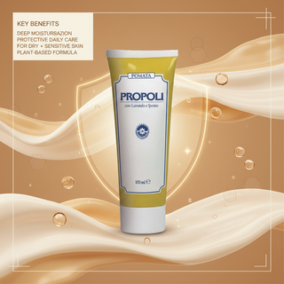 Propolis Ointment key benefits visual with deep moisturisation, protective daily care and dry sensitive skin wording