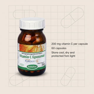 Sanatur Liposomal Vitamin C with dosage and storage wording on an information-inspired background