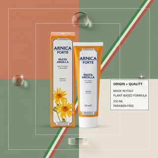 Arnica Forte Clay Paste origin and quality visual with Made in Italy, plant-based formula, 250 ml and paraben-free wording