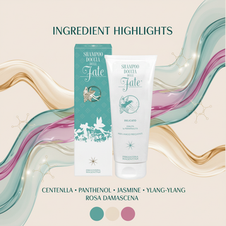 Organic Shower Gel and Shampoo Fate 200ml key ingredients: Centella asiatica, Panthenol, Jasmine, Ylang-ylang and Rosa damascena