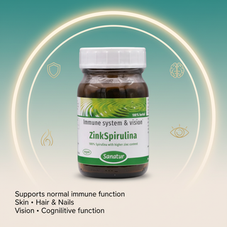Sanatur ZincSpirulina product image with abstract benefit icons for immune function, skin, hair, nails, vision and cognitive function