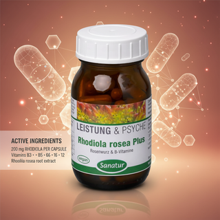 Sanatur Rhodiola Rosea Plus with active ingredient wording on an abstract laboratory background