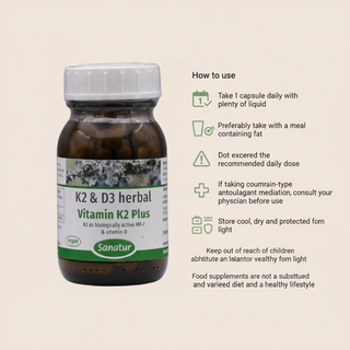 Sanatur Vitamin K2 Plus D3 daily use, storage and anticoagulant caution