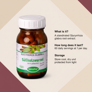 Sanatur Licorice Root Extract product image with calm abstract question and answer information layout