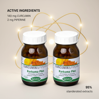 Sanatur Turmeric Plus Value Bundle with active ingredient wording on a clean curcumin background without capsules tablets or powder