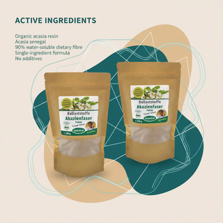 Sanatur Organic Acacia Fibre set with active ingredient information