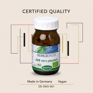 Sanatur BIO Iodine 100 percent with certification wording on a laboratory-inspired background