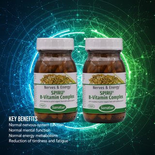 SPIRU B Vitamin Complex Set with key benefit wording on a clean scientific background without capsules tablets or powder