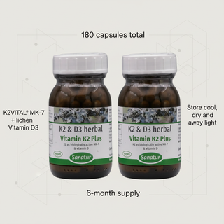 Sanatur Vitamin K2 Plus Value Bundle with dosage and storage wording on a clean geometric background without capsules tablets or powder