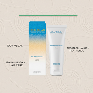 Gold Argan shower gel and shampoo 200ml 100% vegan Italian body and hair care with argan oil, aloe and panthenol