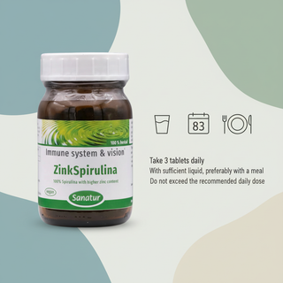 Sanatur ZincSpirulina product image with abstract daily routine, water and calendar background