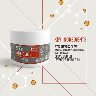 Devil's Claw Gel 97% 250ml key ingredients shown with abstract molecular graphics: Harpagophytum procumbens root extract, Clove bud oil and Lavender flower oil