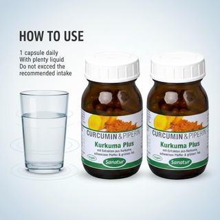 Sanatur Turmeric Plus Value Bundle with usage wording on a clean water background without capsules tablets or powder