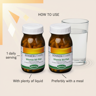 Sanatur Vitamin D3 Plus Value Bundle with usage wording on a clean water background without capsules tablets or powder