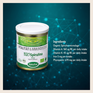 Sanatur BioSpirulina organic microalgae vitamin A vitamin K iron and phycocyanin information