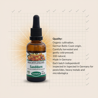 Sanatur Organic Sea Buckthorn Fruit Pulp Oil organic origin and testing information