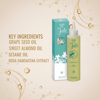 Fate Massage Oil 150ml key ingredients: Grape Seed Oil, Sweet Almond Oil, Sesame Oil and Rosa Damascena Extract, with abstract oil and molecular graphics