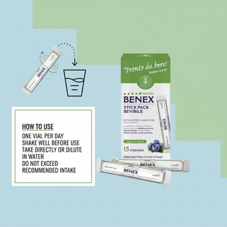 Benex Liquid Food Supplement how to use visual with one vial per day, shake well, take directly or dilute in water and recommended intake wording