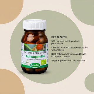 Sanatur organic Ashwagandha KSM-66 product facts and dietary suitability